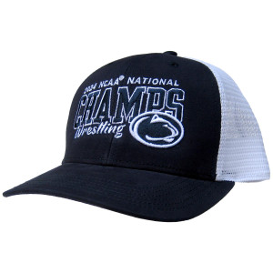 navy and white trucker hat with 2024 NCAA National Champs Wrestling and Penn State Athletic Logo